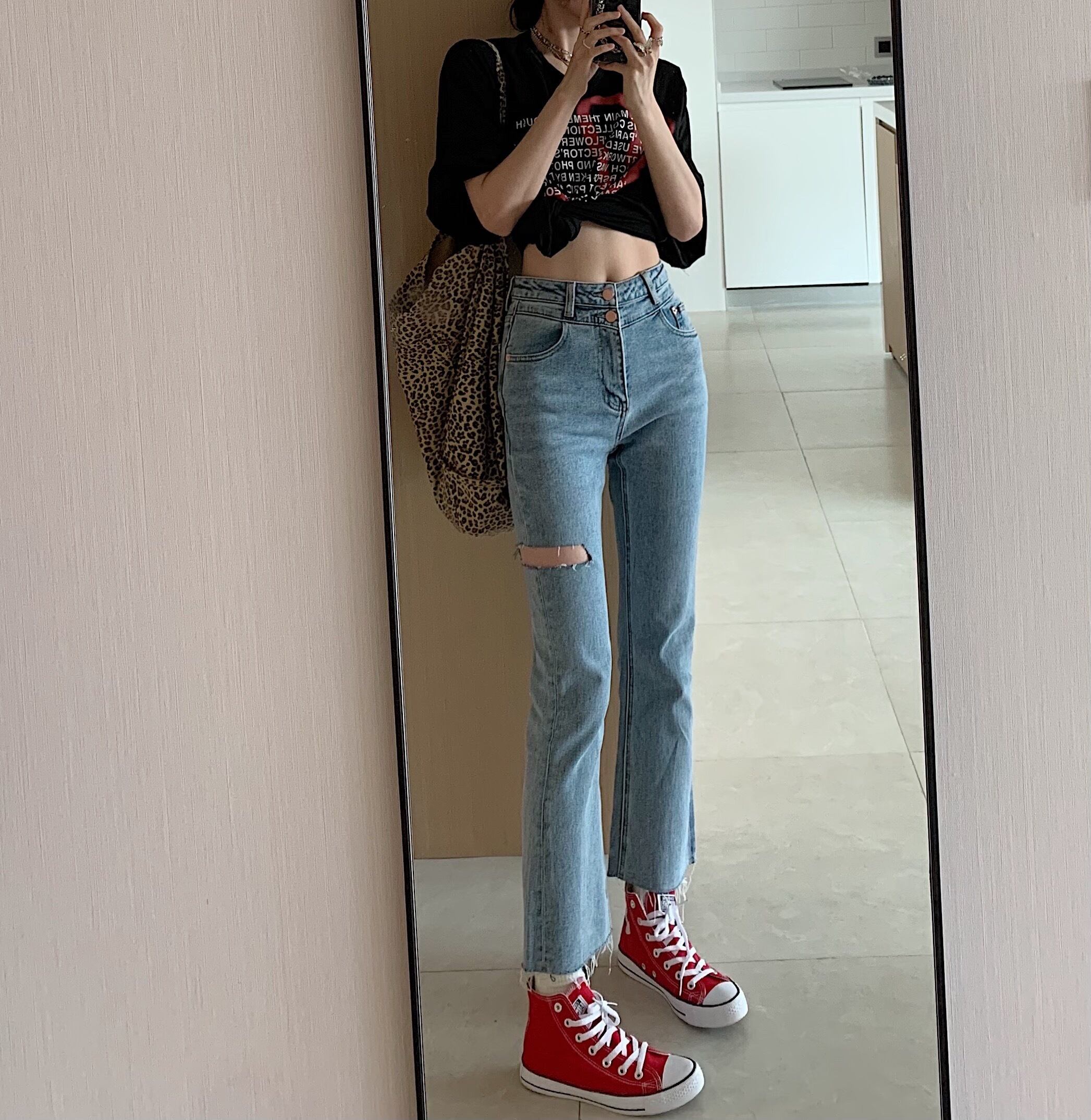 ジーンズ サマーハイウェストパンツ 薄手 レッド 夏物 クレセントシティ25385632522