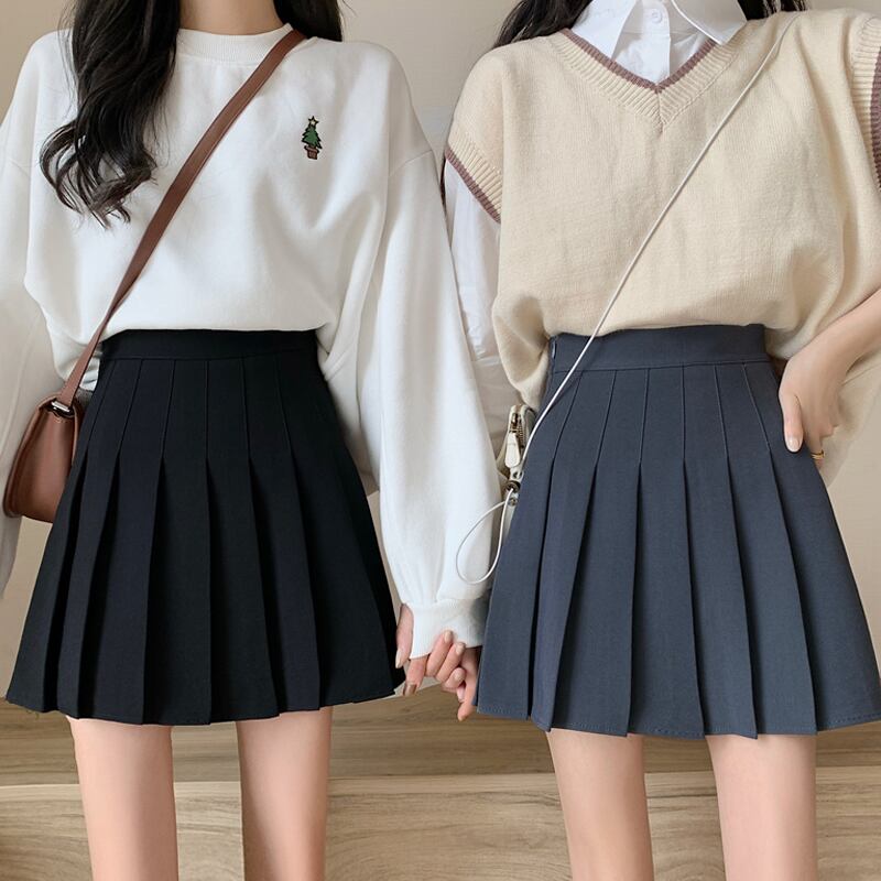 スプリングオータムブラックショートスカート スタイルプリーツ薄手ハイウェストAライン 春物 秋物 スーパーモール87530467701