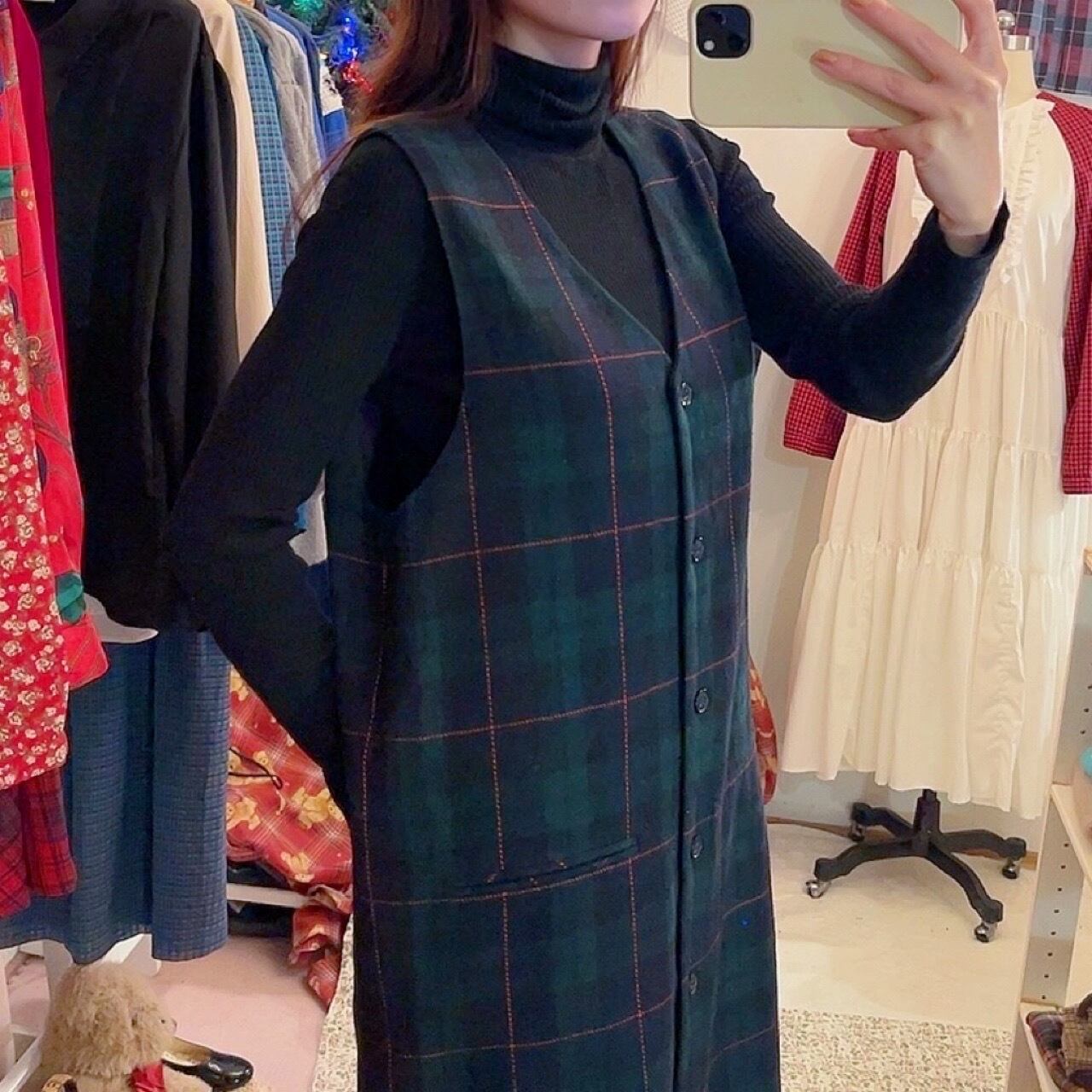 green chek front button jumper skirt