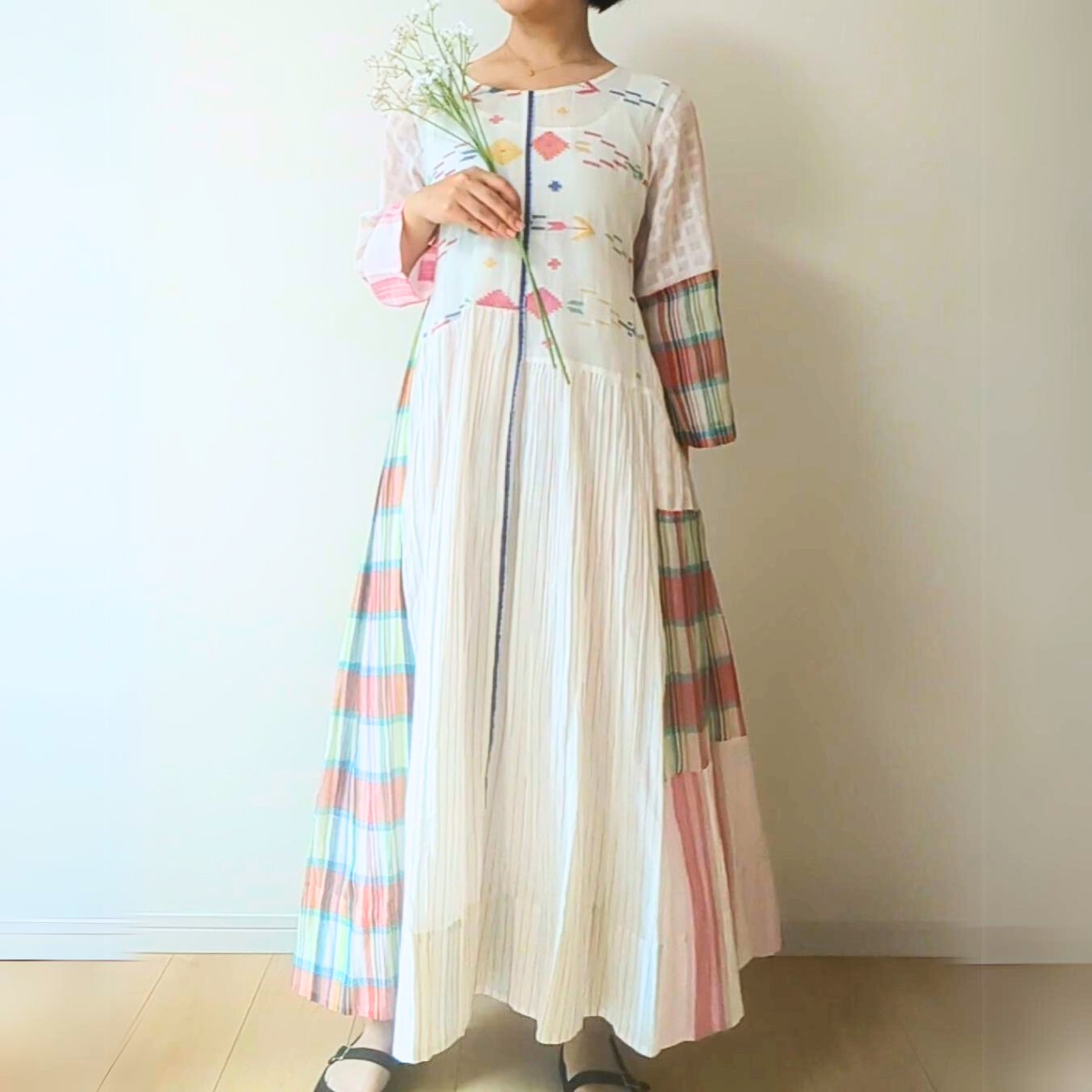 三春】ジャムダニ織×カディコットン インドの手仕事布 パッチ 三春】ジャムダニ織×カディコットン インドの手仕事布 パッチ