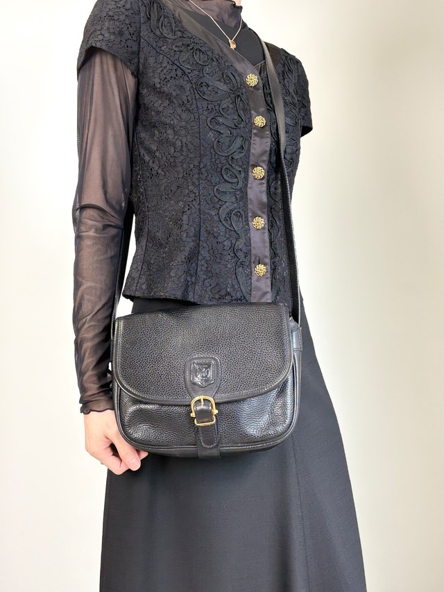 CELINE セリーヌ ショルダーバッグ ブラック ブラゾン型押し フロントバックル レザー vintage ヴィンテージ オールド 4n3ttr