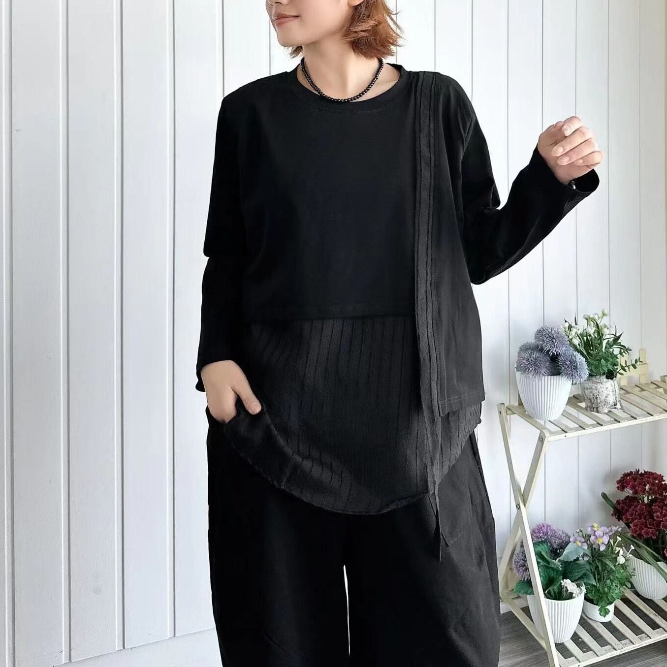 ASYMMETRIC LAYERED STRIPED PANEL NECK T-SHIRT M-18626