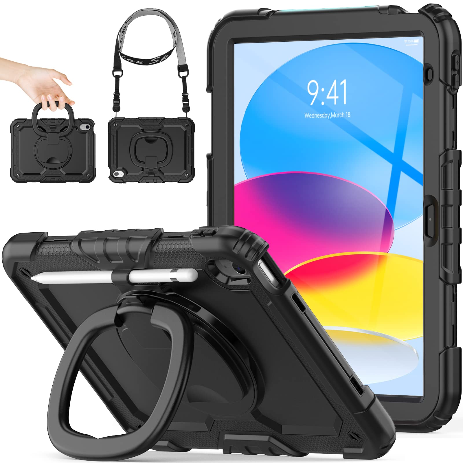 【在庫のみ】SEYMAC stock iPadケース A16 第11世代/第10世代 リングハンドル耐衝撃ケース 11/10.9インチ専用 ペン収納 ショルダーストラップ フィルム付きフレーム(ブラック)