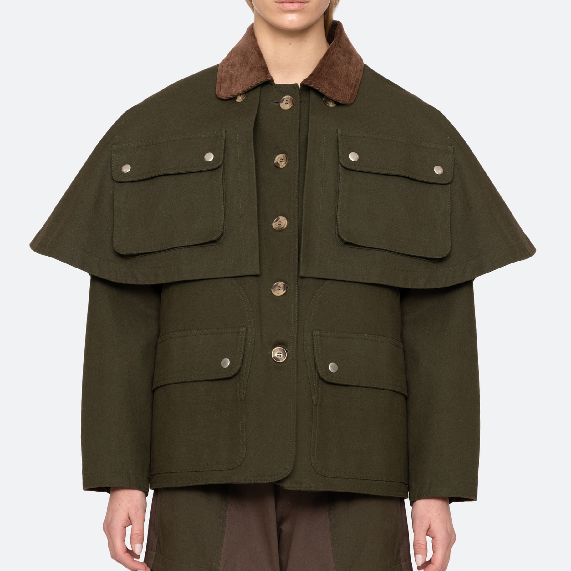 SEA NY TRISTAN SOLID DBL LAYER CAPE JACKET ARMY