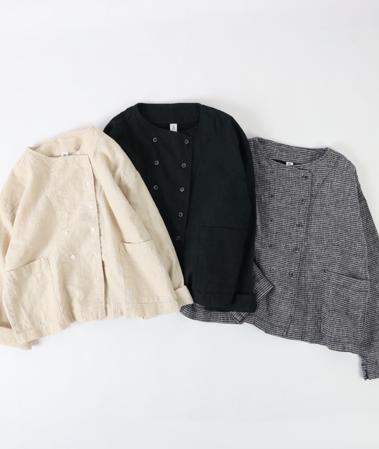 SO/リネンコットン ダブルブレストノーカラージャケット
