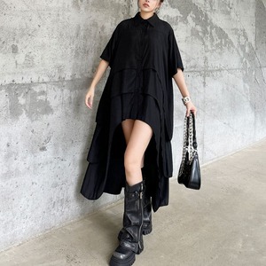 BLACK HALF SLEEVES HIGH-LOW DESIGN SHIRT DRESS 1color M-13666