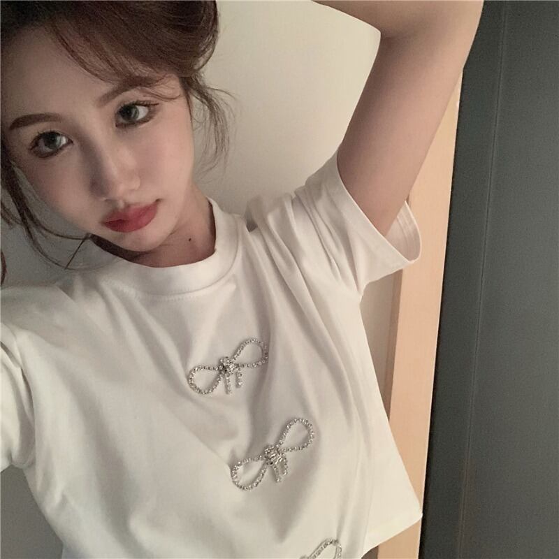 ちょう結びの半袖白いTシャツの女性の新しい2020年夏のルーズイントレンドショートハイウエストトップ ブラックストロベリース51194748236