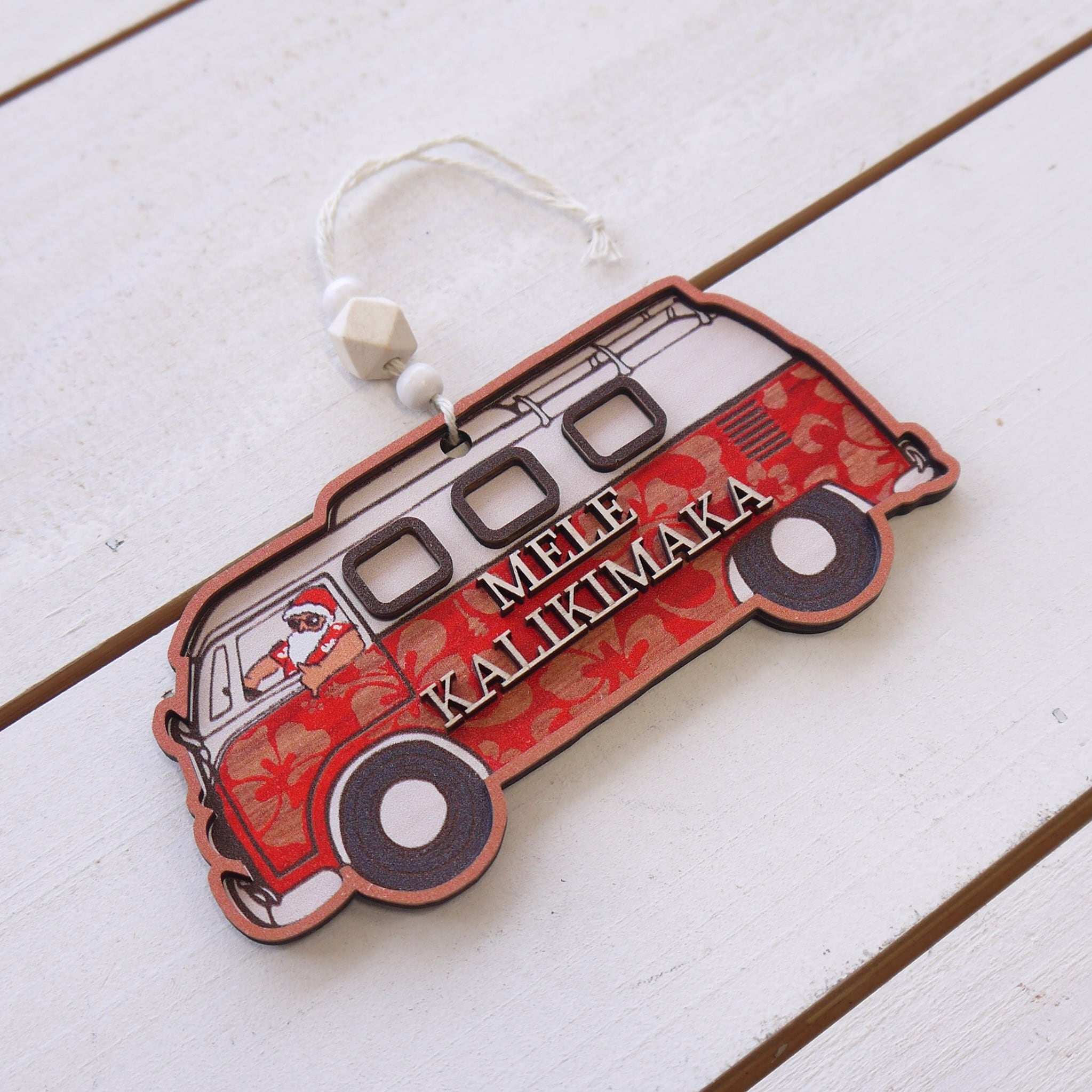 ★ハワイアン雑貨★ハワイアンクリスマス/Mele Kalikimaka/メレカリキマカ/ハワイアンウッド オーナメント<バス サンタ>