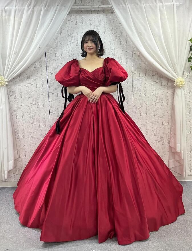 豪華！ カラードレス ブライダル ワインレッド 姫袖 可愛い プリンセス 