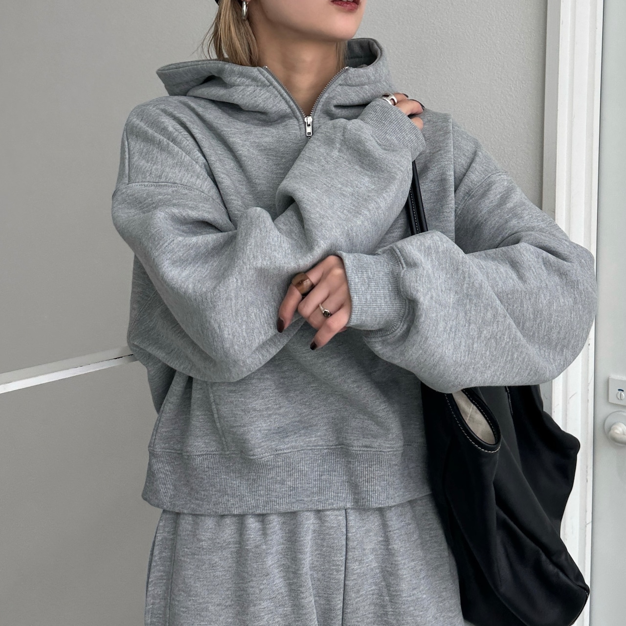 裏起毛ハーフZIPショート丈PK/グレー