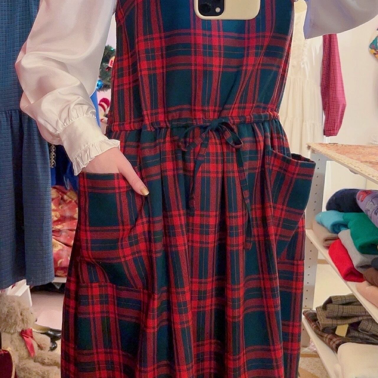 red check back button jumper skirt