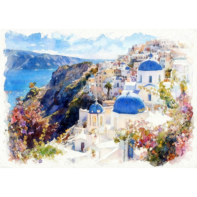 絵画 風景画(街並み)ギリシャ サントリーニ島 インテリアアート額付き 水彩画・油絵風 WAT1569