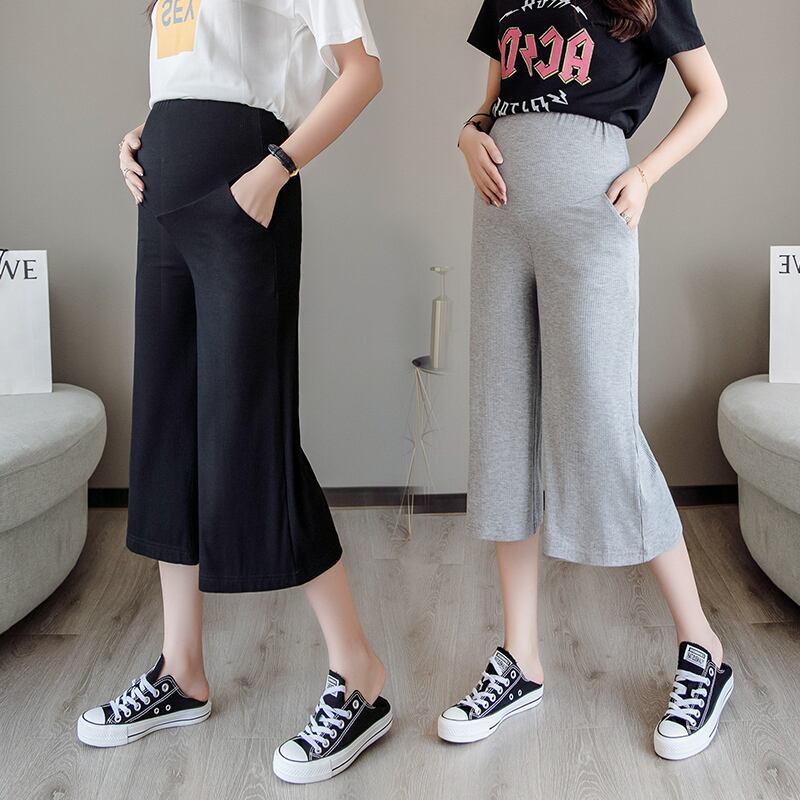 【新作】【送料無料】 2019夏の妊娠中の女性ミッドカーフ腹部パンツゆるいワイドレッグベリーパンツポケット付きニットマタニティカプリパンツ サマー 夏物 AL expec350439341937