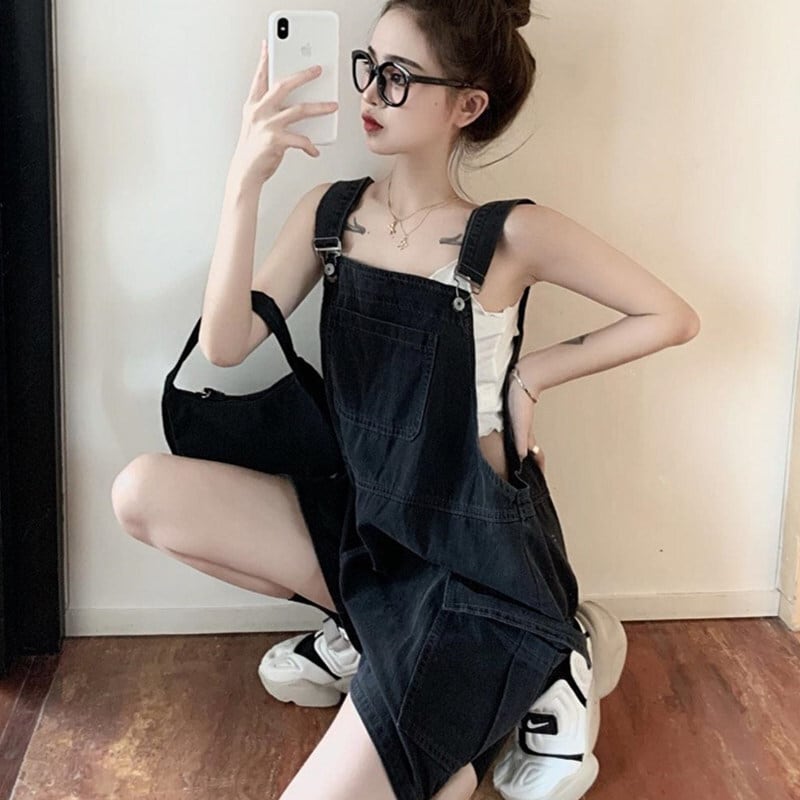 【新作】【送料無料】 夏用レトロデニムサロペット、太mm、大きいサイズ、ヒップカバー、着痩せ、かっこいい塩系ワンピースワークウェア、ワイドレッグショートパンツ、トレンド 0399069288221