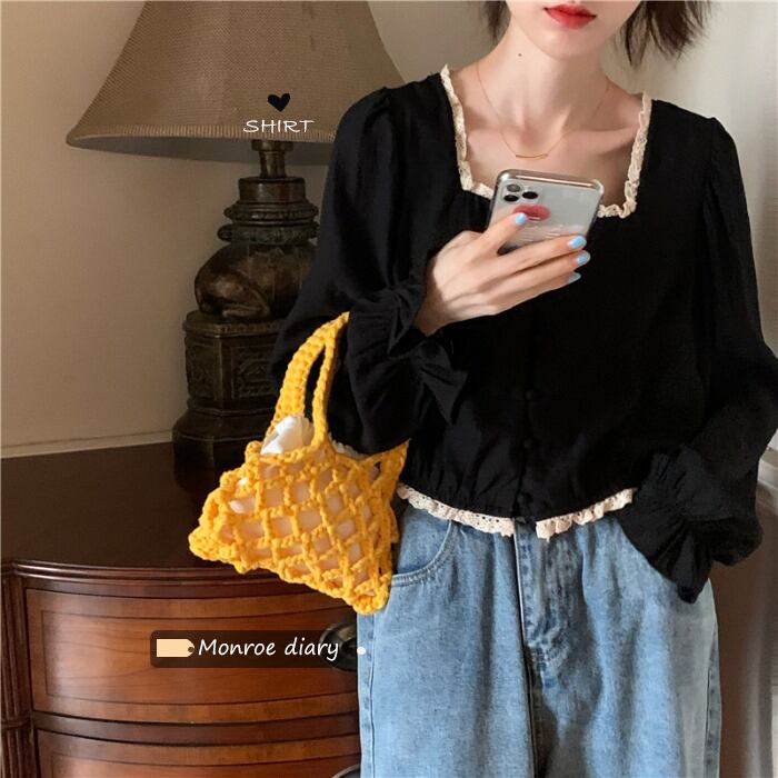 スタンダードブラックシフォンシャツ スプリングショート ロング レトロ 春物 スクウェア モンロー18595753957