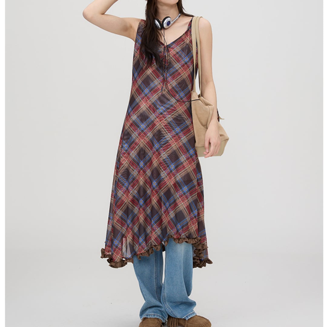 retro design loose check pattern dress