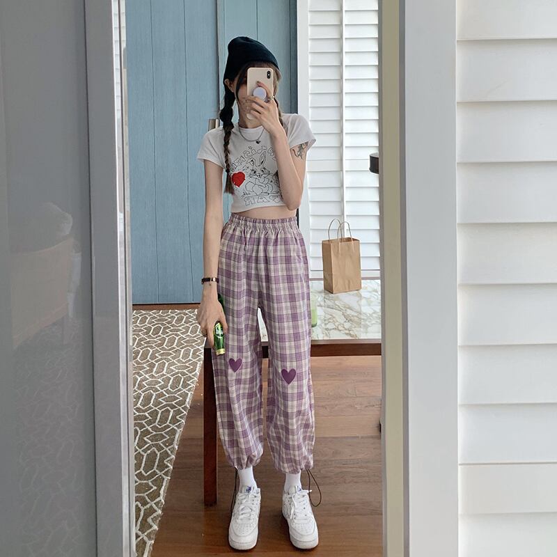 格子柄パンツ ルーズウェストギャザーサマー薄手 夏物 ワイドレッグ ワイドパンツ パープル ブラックストロベリース82510916337