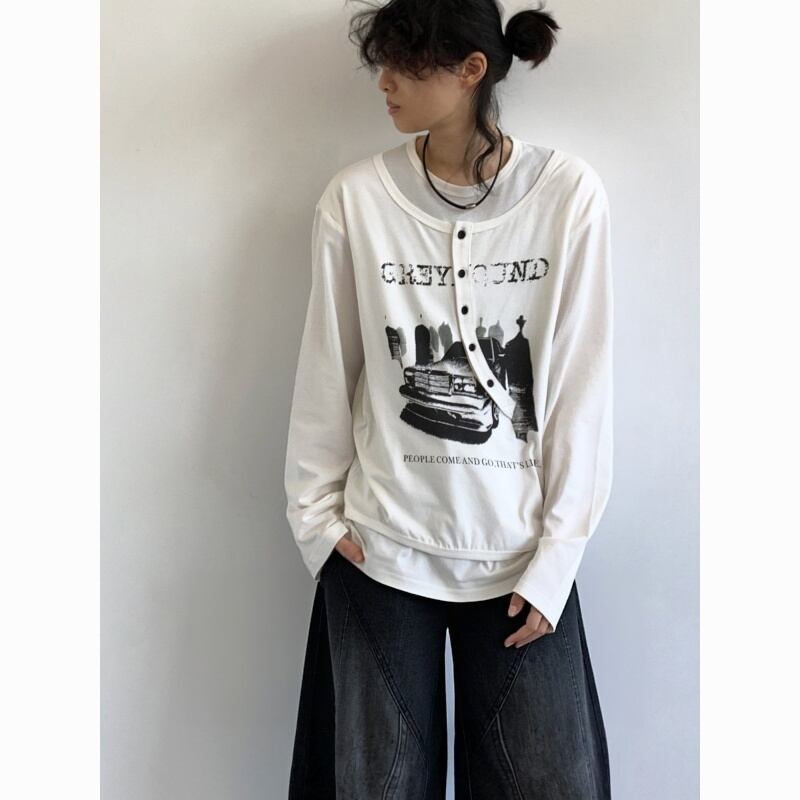 jiwuus重ね着風斜めボタン長袖Tシャツ