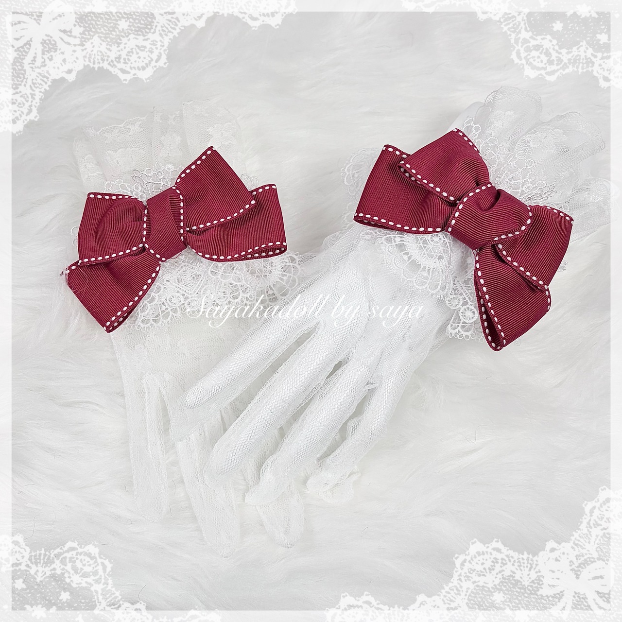 ♡【全3色】MAID フリルレース リボンカフス／お袖留め＆手袋セット red ♡