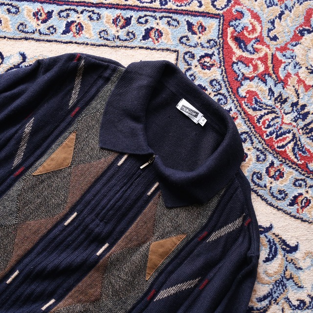 patchwork and 3D knit design half-zip sweater