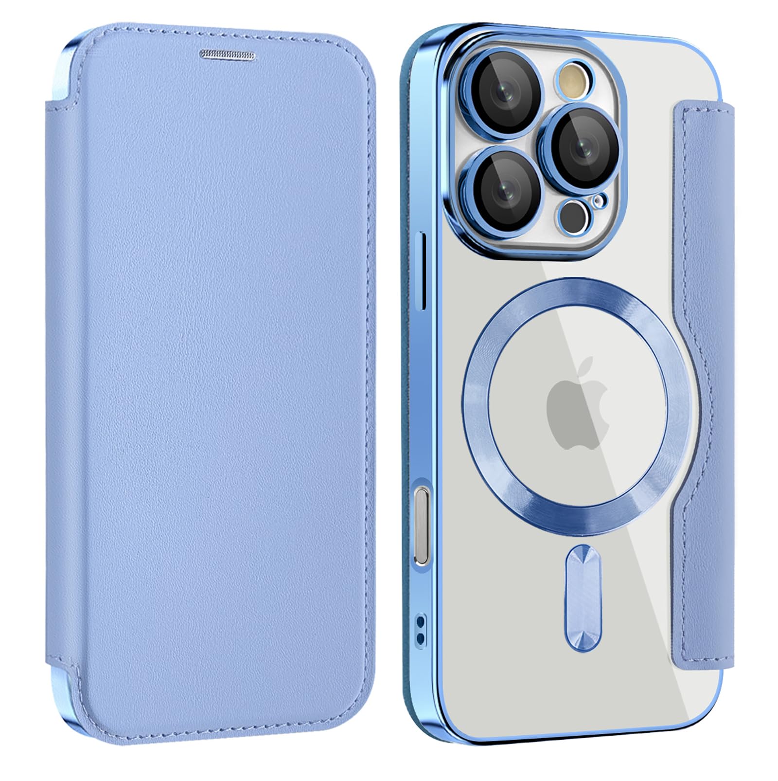iPhone 16 Pro Max 用 ケース 手帳型 RFID アイフォン 16 プロ マックス ケース 財布型 カードポケット付き 全面保護 Magsafe対応 背面透明 高級なPUレザー 人気財布型 カバー 軽量 いphone16 Pro Max スマホケース カード収納 おしゃれ 上質な手触り 擦り傷防止 (ライトブルー)