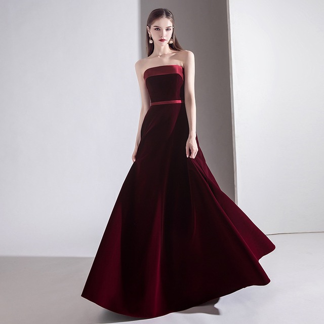 高品質 ベアトップ パーティードレス 高級ベロア ワインレッド 合コン 二次会ドレス ロングドレス Cinderelladress
