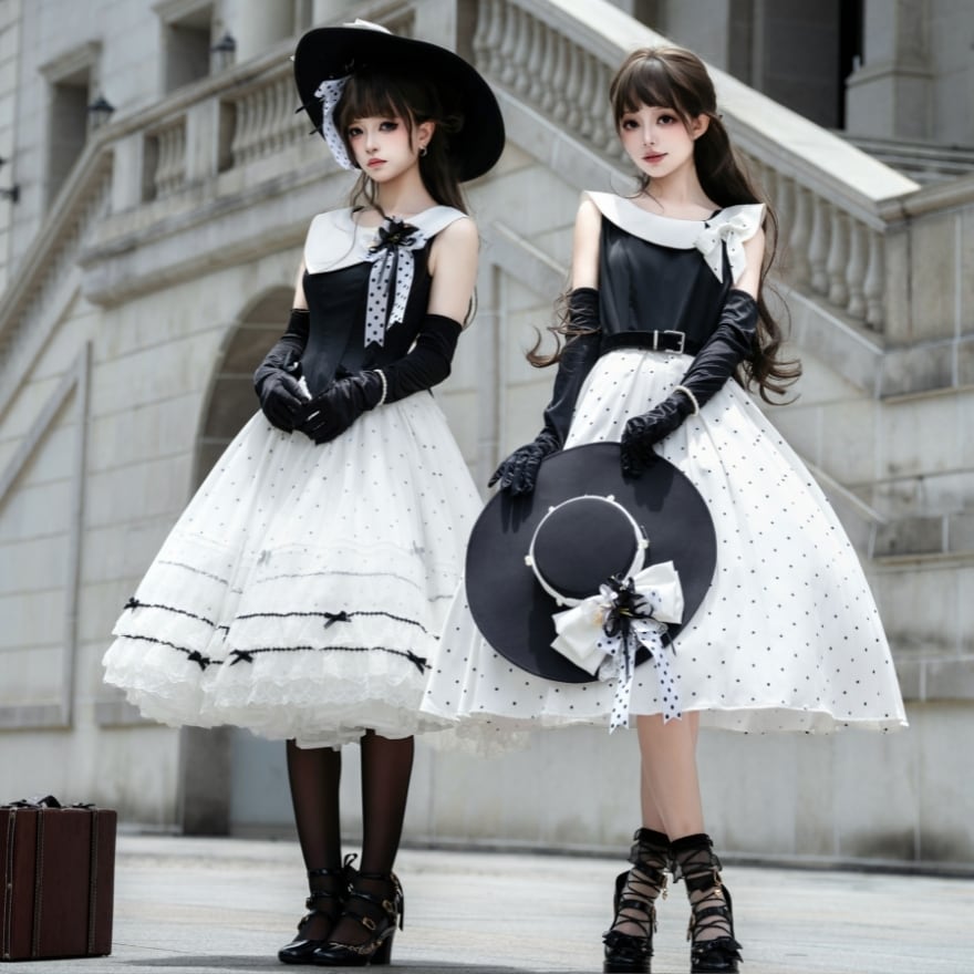 午後の白黒舞踏会 ドット柄ノースリーブクラシカルロリータワンピース