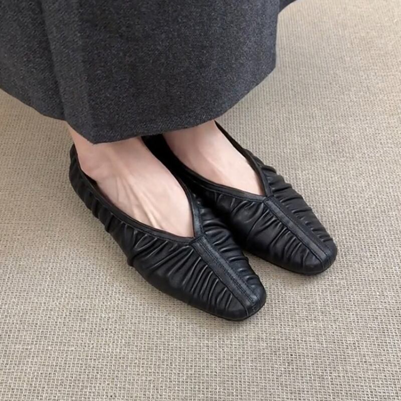 Square Toe Gathered Design Flat Shoes ◆2color 204735