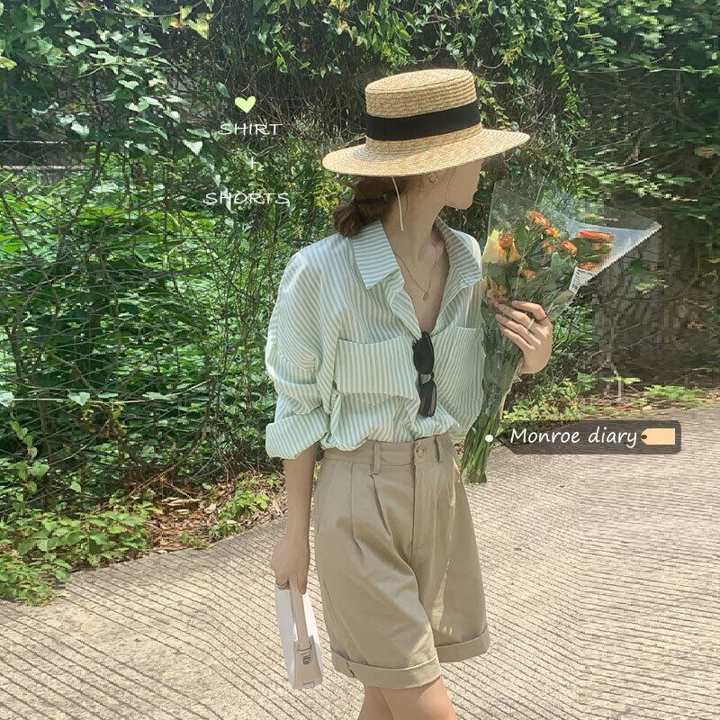 スタイルグリーンストライプシャツ ジャケット サマートップス ロング 夏物 モンロー7735529788