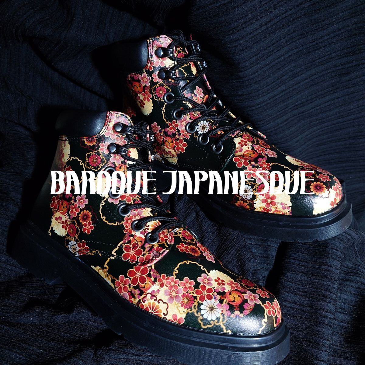 桜金輪紋様　和柄ユニセックスヴィーガンレザーブーツ