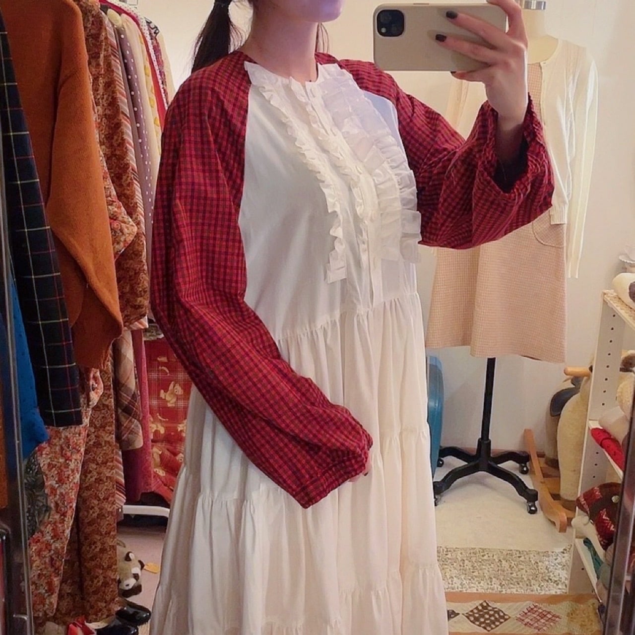 original / white × red check raglan sleeve one-piece