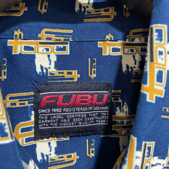 『送料無料』90s FUBU 総柄半袖シャツ　ポリ素材　ブランドロゴ　ストリート