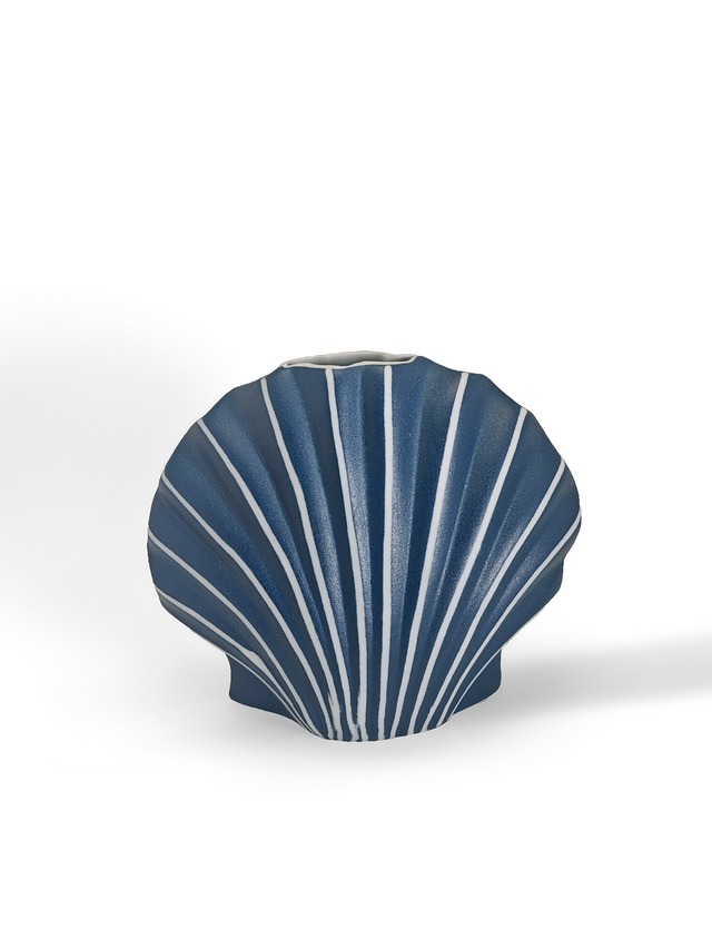 ヴィンテージ雑貨 青白ラインのシェル型陶器花瓶