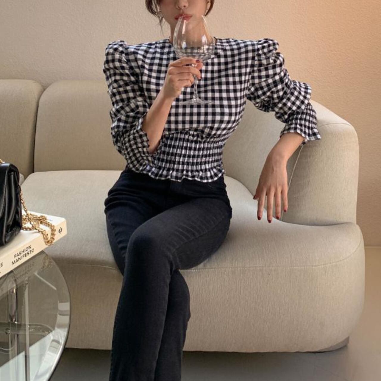 ギンガムチェック パフスリーブトップス T017
