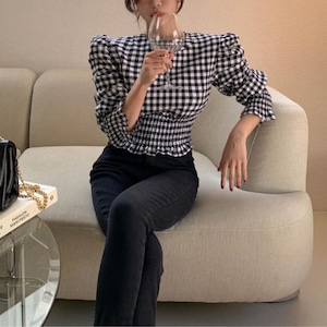 ギンガムチェック パフスリーブトップス T017