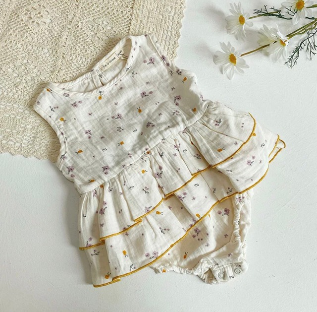 リネンフリルロンパース》》》》》ワンピース　フリル　ノースリーブ　イエロー　女の子　海外子供服