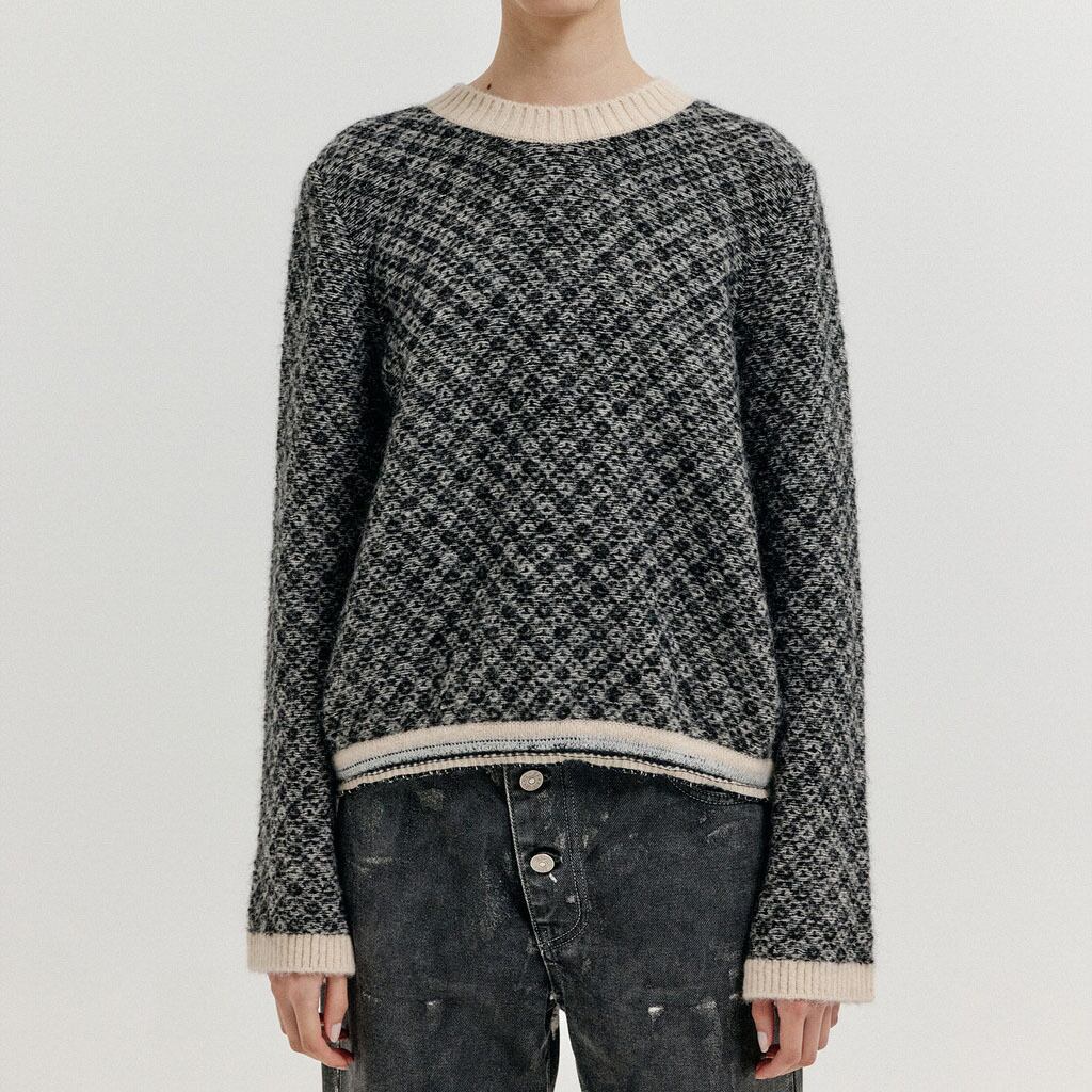 EENK　OUE CHECK JACQUARD KNIT PULLOVER　BLACK/IVORY
