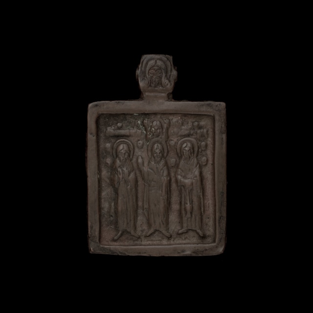 青銅のイコン 三人の聖人像, 東欧, 19世紀.