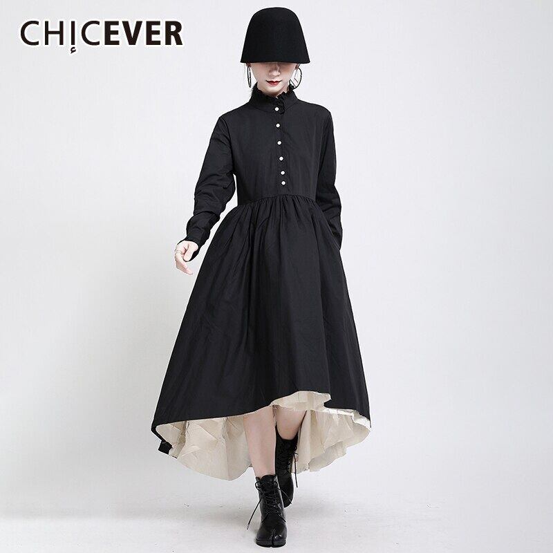 CHICEVERブラックボウノットドレス女性スタンドカラー長袖ウエストスリムドレス2020秋 ロング リボン オータム 秋物 6base55872307077