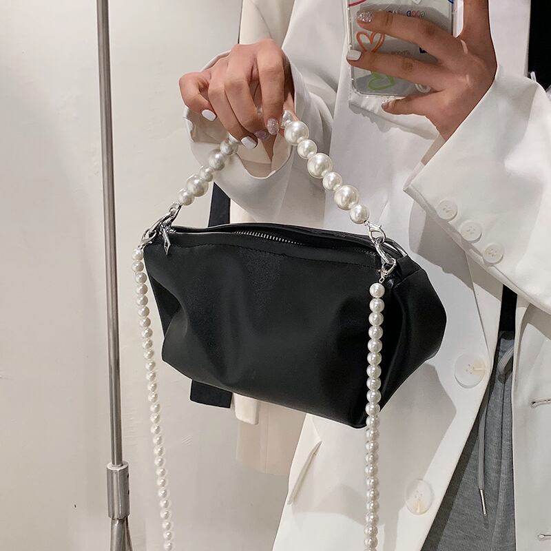 サマーパールチェーン レッド 夏物 真珠 スクウェア メッセンジャーバッグ 手作りハンドバック6773576657