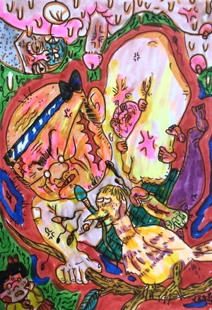 原画・着色ドローイング「赤く包まれて」B6