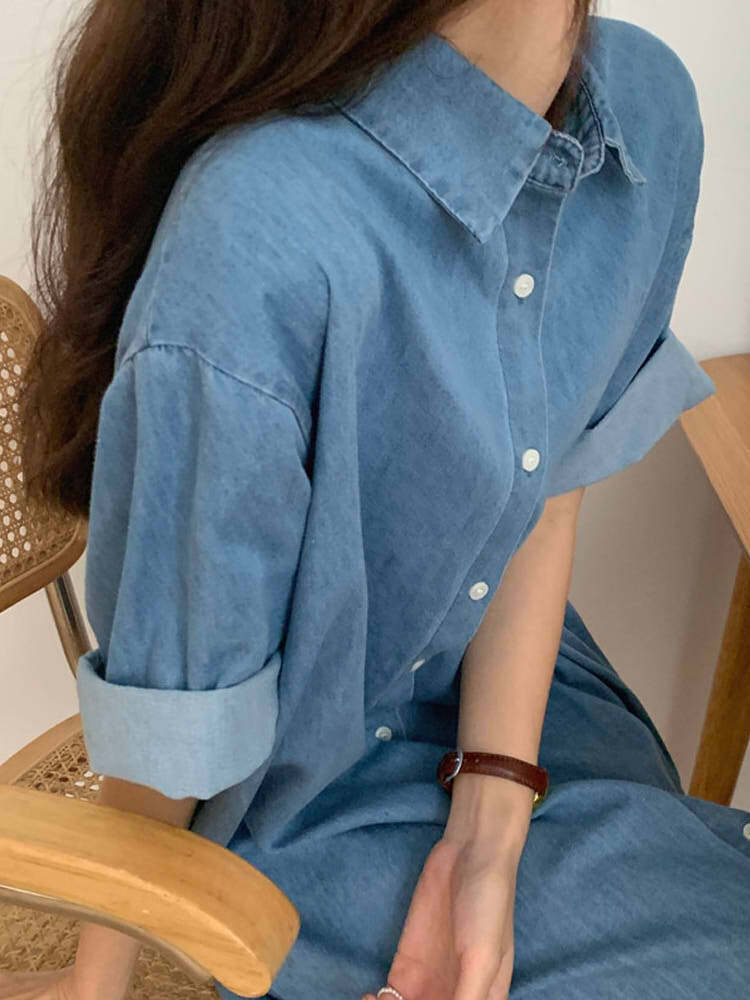 春っぽデニムで垢抜けシャレ見え シンプルデニムシャツワンピース