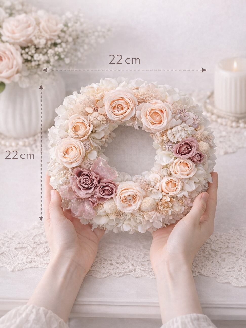お花から生まれたデザイン便り【WR-012】癒やしのピンクリース（径22cm）｜大人かわいい紫陽花とリボンの彩り｜母の日・ギフト・ご褒美に
