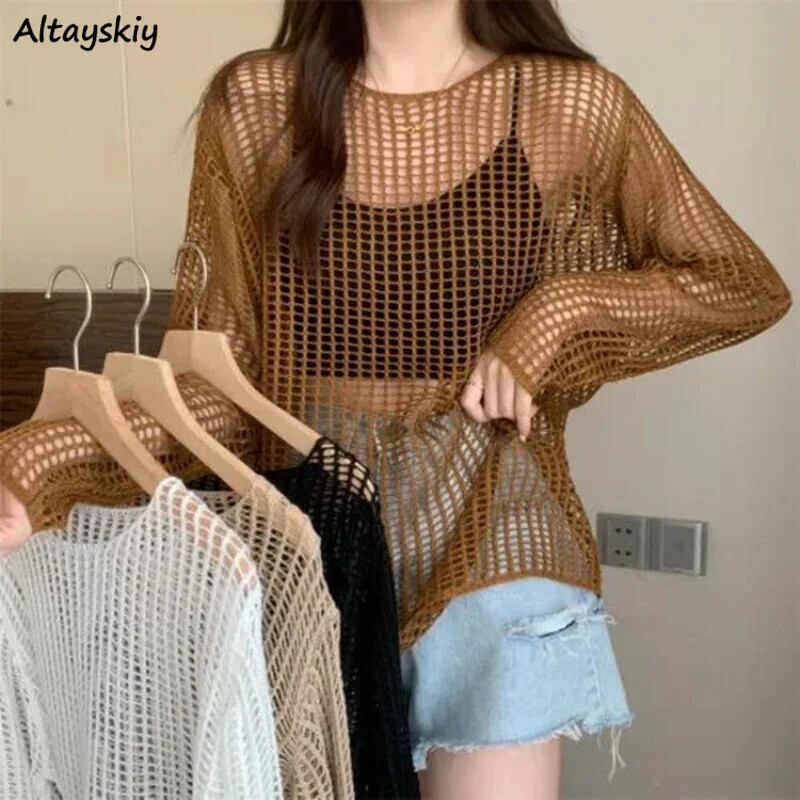 【新作】【送料無料】 中空アウト日焼け防止 Tシャツ女性ヴィンテージルーズファッション長袖カジュアル夏新 5 色文学エレガントな韓国スタイル 0349585881735