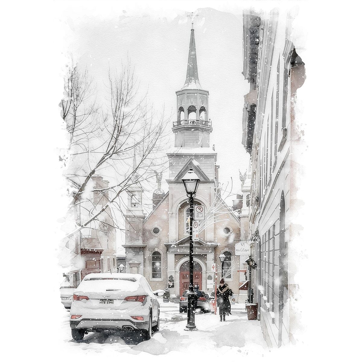 絵画 風景画(街並み) 冬 雪のカナダ モントリオール旧市街 インテリア