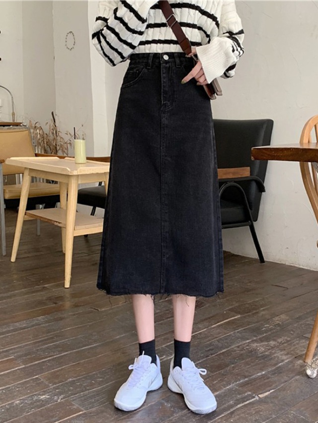 スカート デニムスカート ミモレ丈 切りっぱなし カットオフ ハイウエスト 大人カジュアル お出かけ