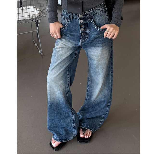 フェードステッチフロントボタンデニムパンツ 1col R02422