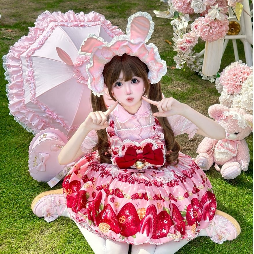 ロリータファッション ゆめかわいい サスペンダースカート いちご柄