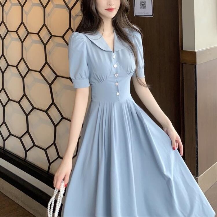 くすみブルー襟付きフレンチスリーブワンピース Op285 Mimipecher ミミペシェ くすみブルー襟付きフレンチスリーブワンピース Op285 Mimipecher ミミペシェ