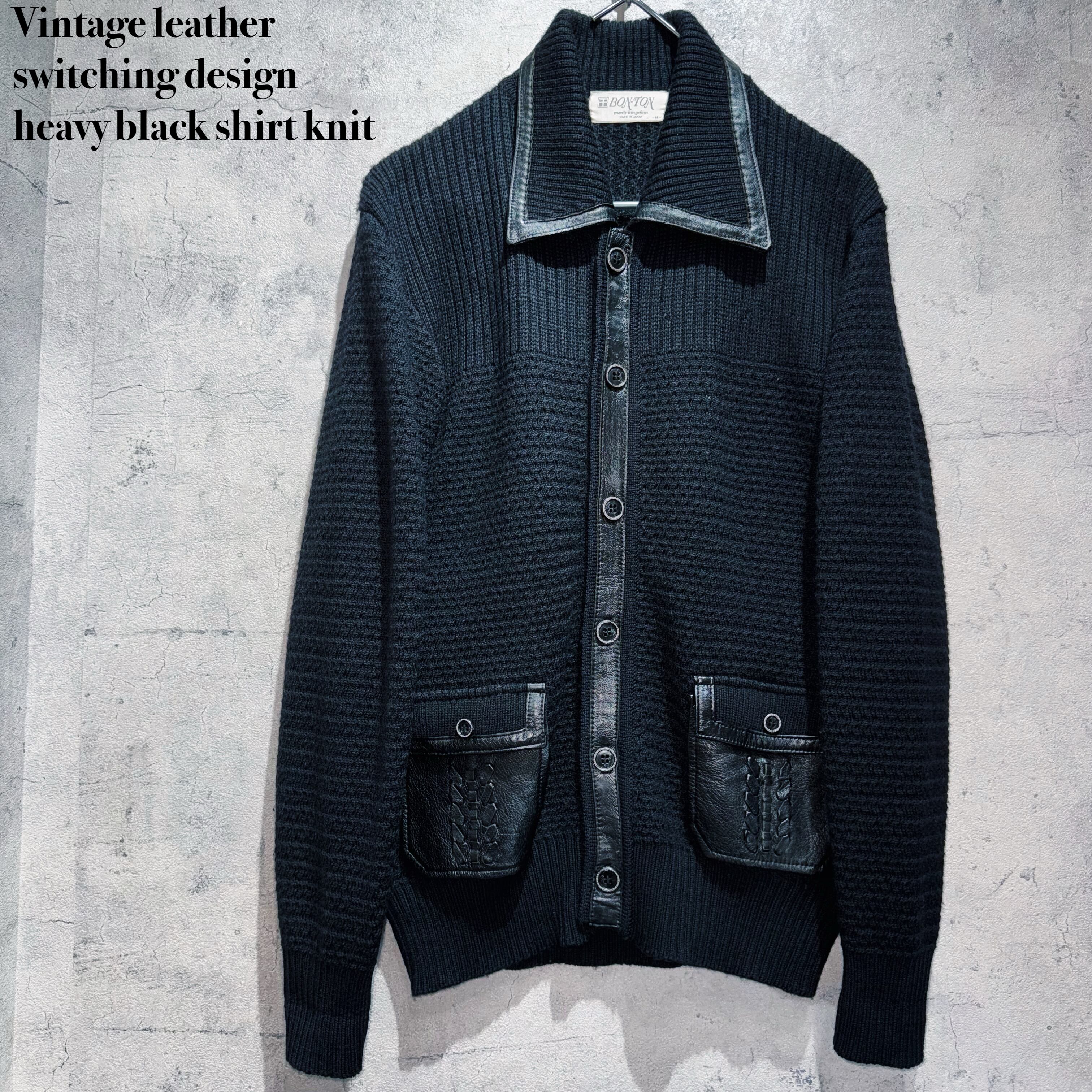 Vintage leather switching design heavy black shirt knit